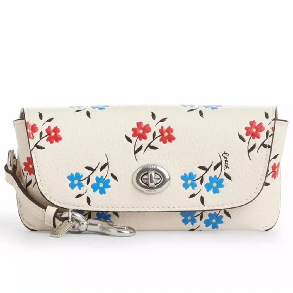 Coach Sunglasses Case with Floral Print in Pebbled Leather (Chalk Multi)